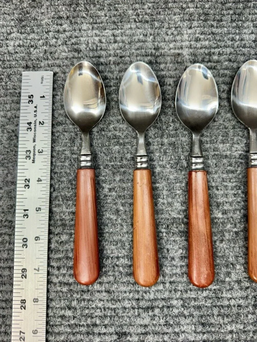 Faberware Silverware Lot Of 6 Spoons Faux Wood Brown Handle Set Oval Vintage